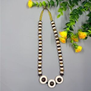 Vintage Brown Wood, White Stone and Yellow Crystal Beaded Necklace